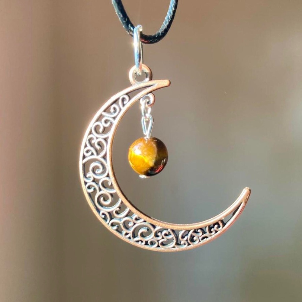 Celestial copper crescent moon tiger’s eye crystal ball black cord necklace